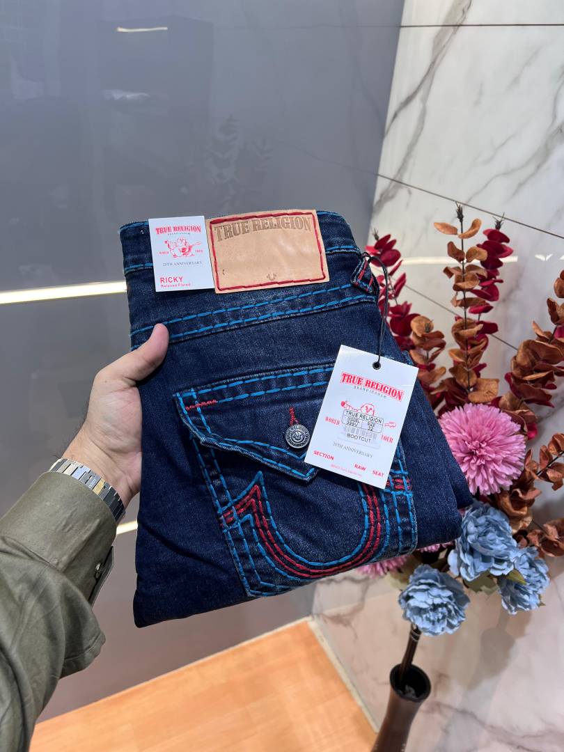 True Religio n Green Shade Premium Imported Stretchable Lycra Fabric Boot Cut Denim with Embroidered Design 3143