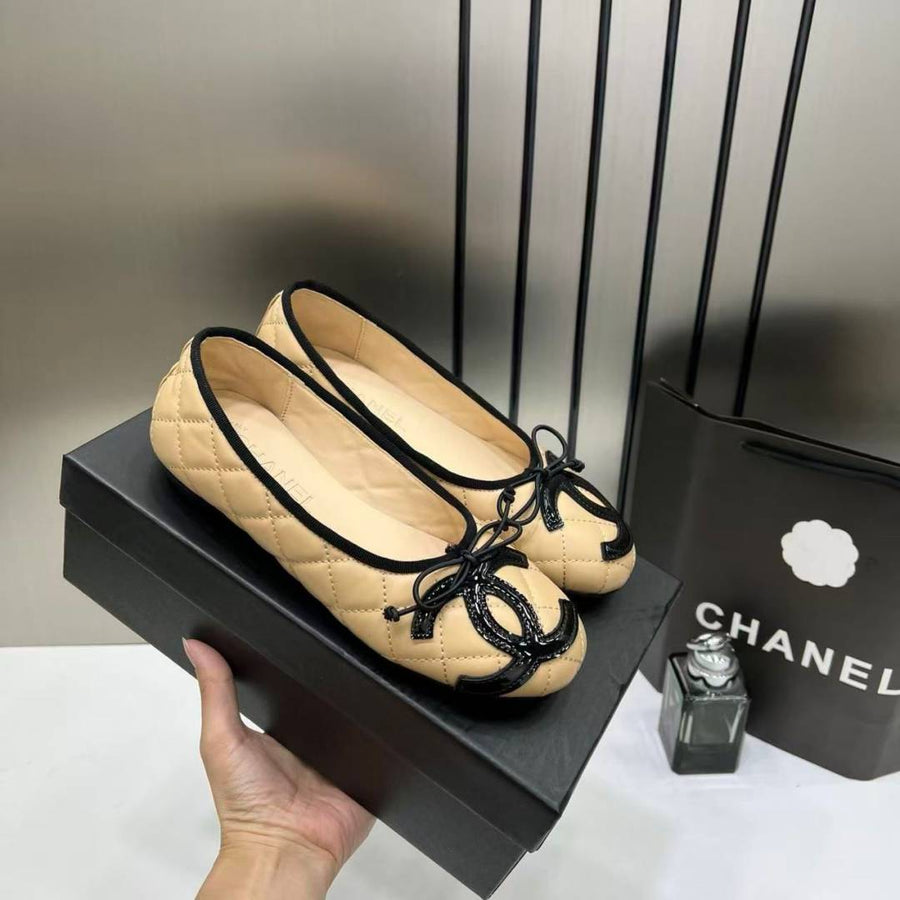 Chanel_Quilted_Cambon_Leather_Ballet_Flats_In_Apricot_Beige_Black_Toe_Bow_With_OG_Box_&_Carry_Bag