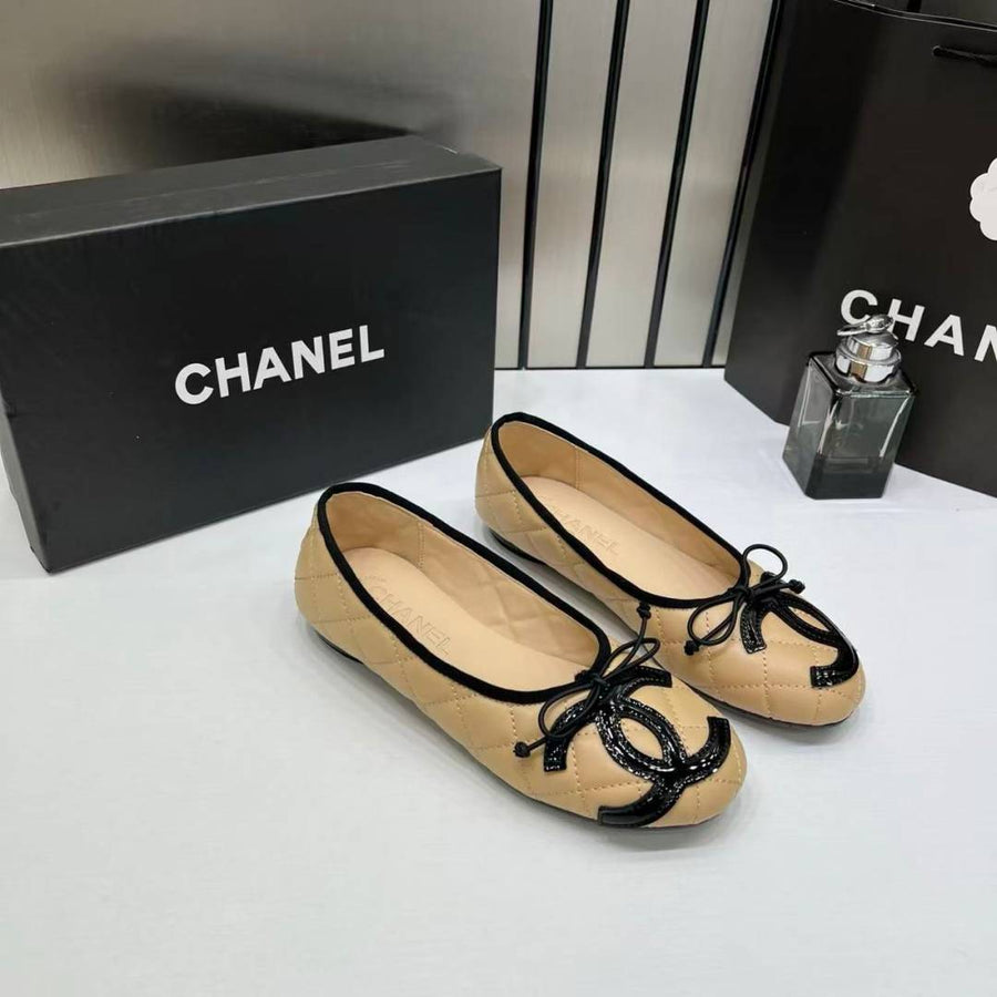 Chanel_Quilted_Cambon_Leather_Ballet_Flats_In_Apricot_Beige_Black_Toe_Bow_With_OG_Box_&_Carry_Bag