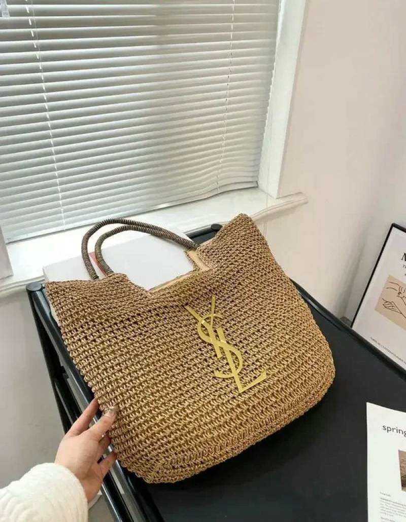 YSL Saint Laurent ICare Raffia Jute Tote Bag With OG Box & Dust Bag (Brown - 991)