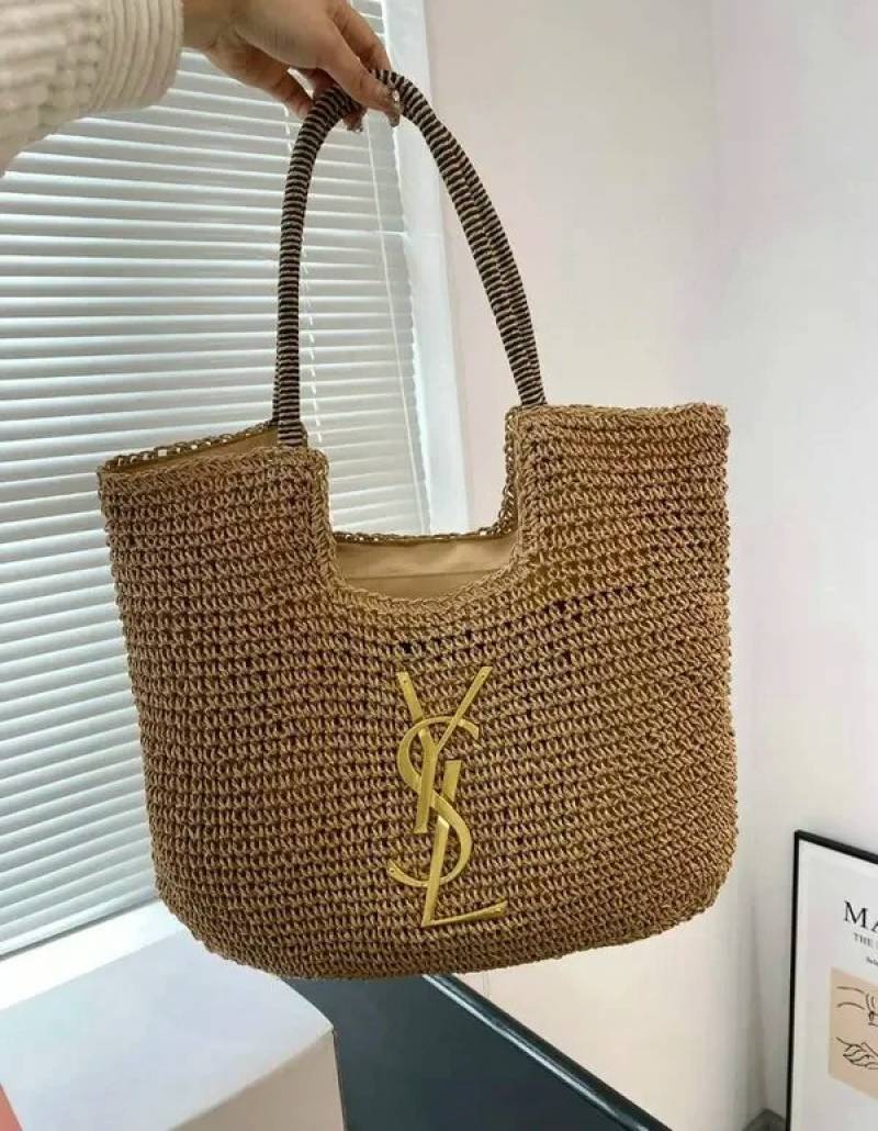 YSL Saint Laurent ICare Raffia Jute Tote Bag With OG Box & Dust Bag (Brown - 991)