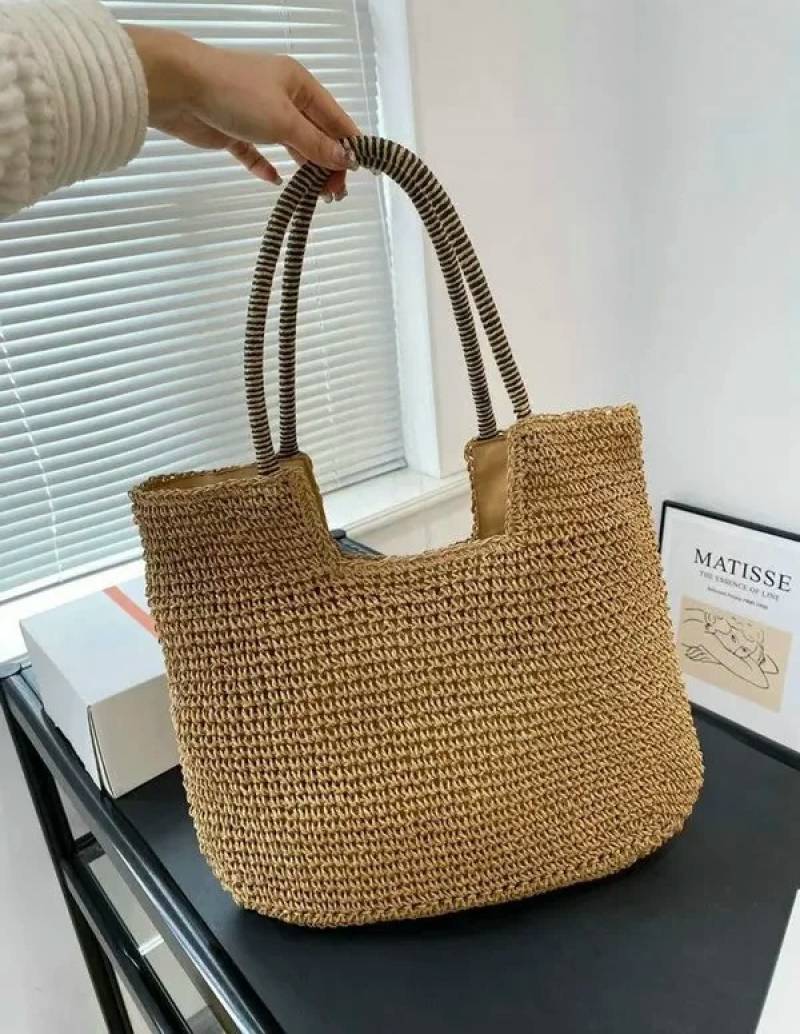 YSL Saint Laurent ICare Raffia Jute Tote Bag With OG Box & Dust Bag (Brown - 991)