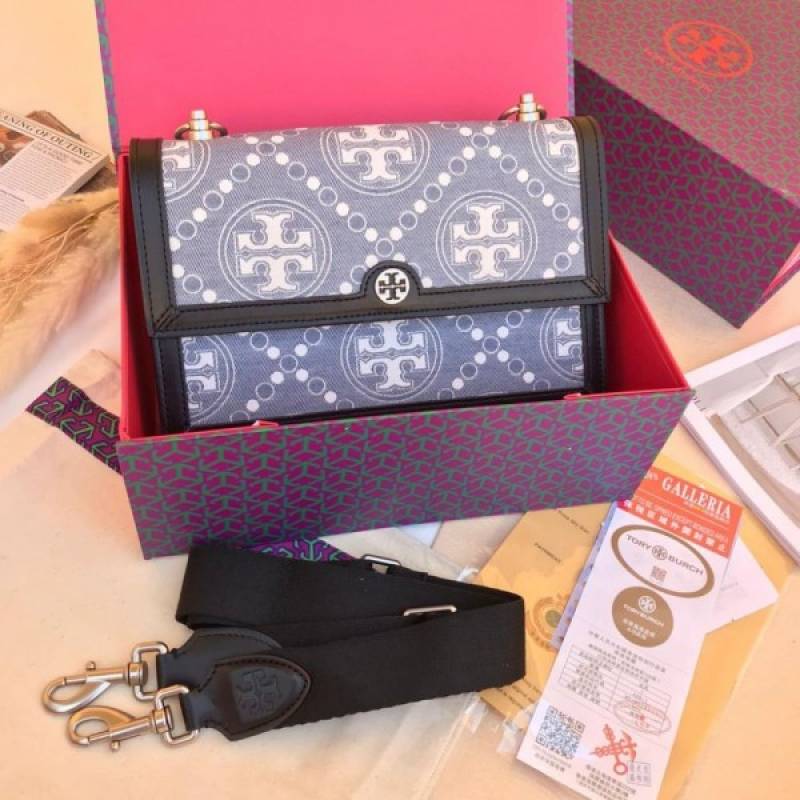 Tori Burch_T Monogram Shoulder Bag With Adjustable Strap With OG Box & Dust Bag (Black - 616)