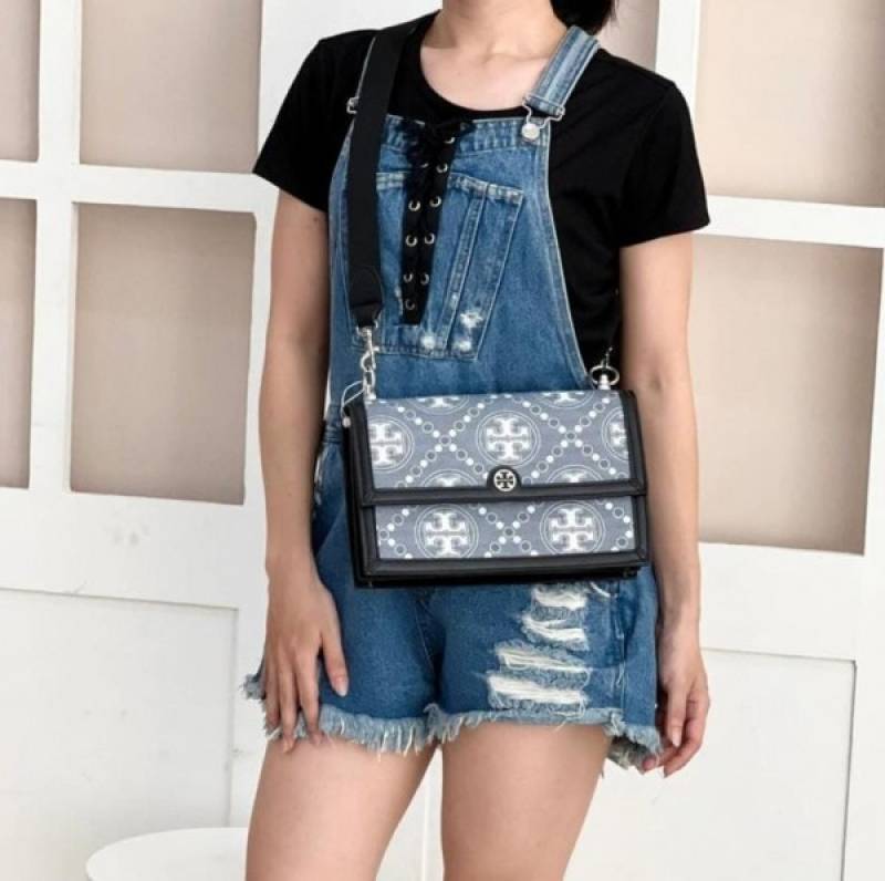 Tori Burch_T Monogram Shoulder Bag With Adjustable Strap With OG Box & Dust Bag (Black - 616)