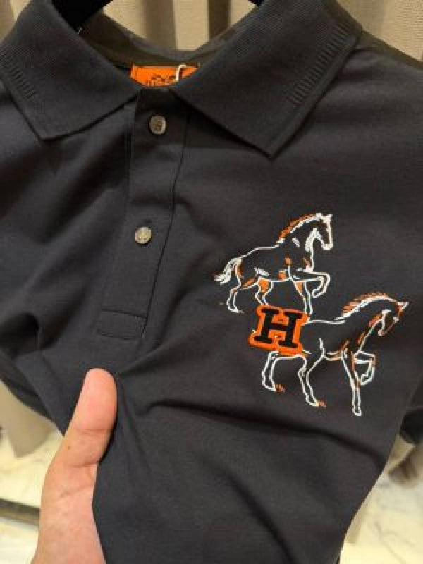 Hermes Chest Logo Polo T-shirt Black