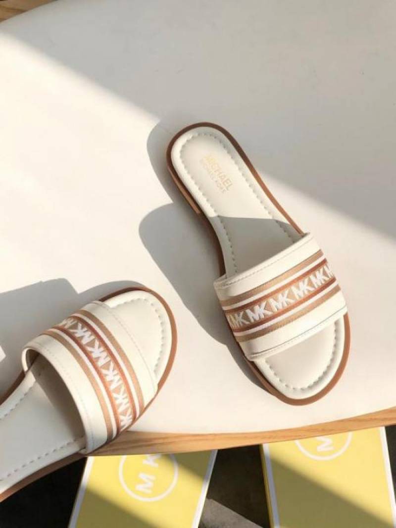 Michael1099 Kors MK Sadler Slide Flats With OG Box & Dust Bag (White - 1099)