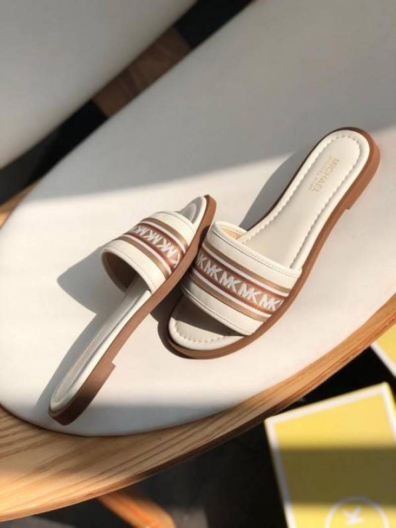 Michael1099 Kors MK Sadler Slide Flats With OG Box & Dust Bag (White - 1099)
