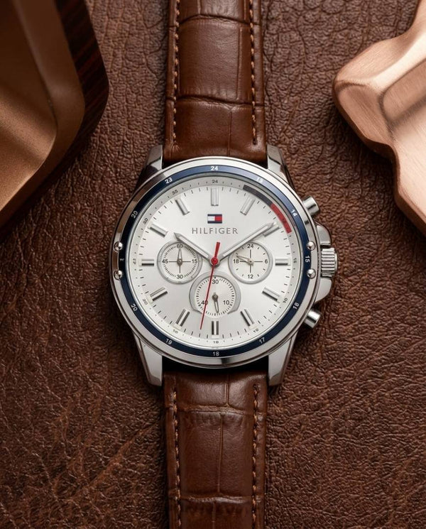 Tommy Hilfige_r Oxford Chronograph leather belt Brown-Silver-White