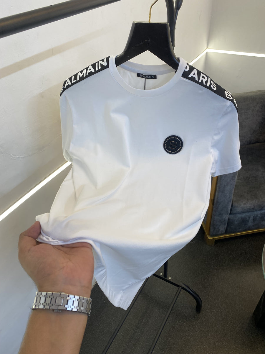 Balmain turkey imported round neck with shoulder embossed strip and chest steel logo white sale