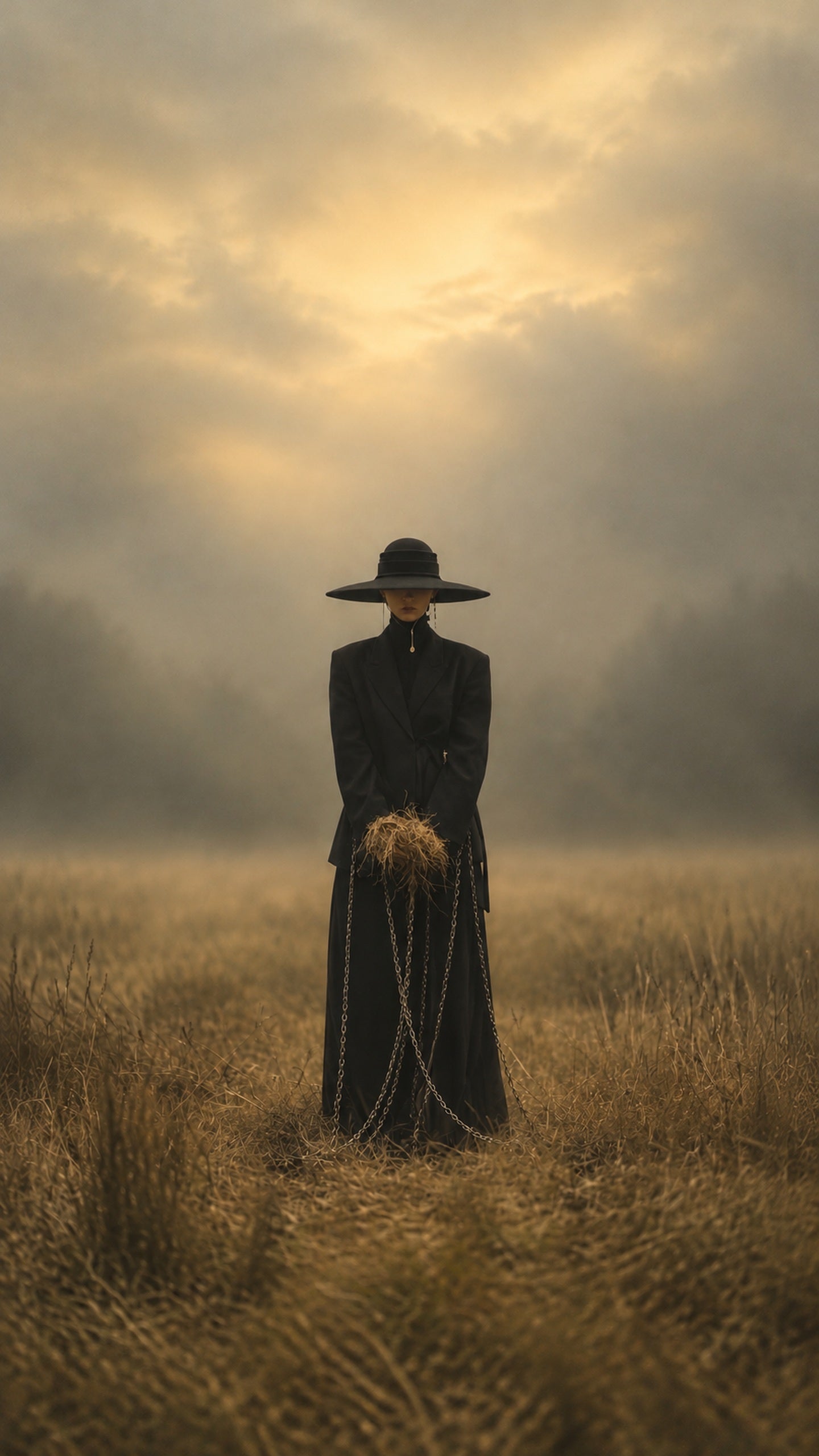 Woman in a wide brim hat and black coat in a misty field