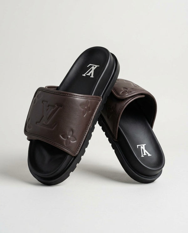 Louis Vuitton Monogram Adjust Brown Black Premium Slides