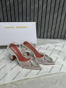 Amina Muaddi Camellia Crystal Embellished Lace SlingBack Heels For Women With Original Box - image 2