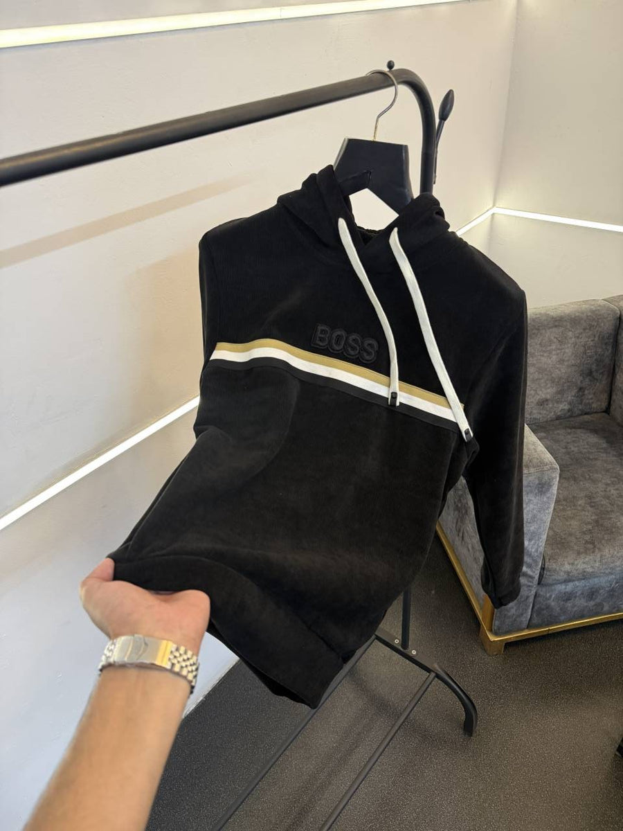 Hugo bos black imported hoodie with embroidery logo and two side pocket