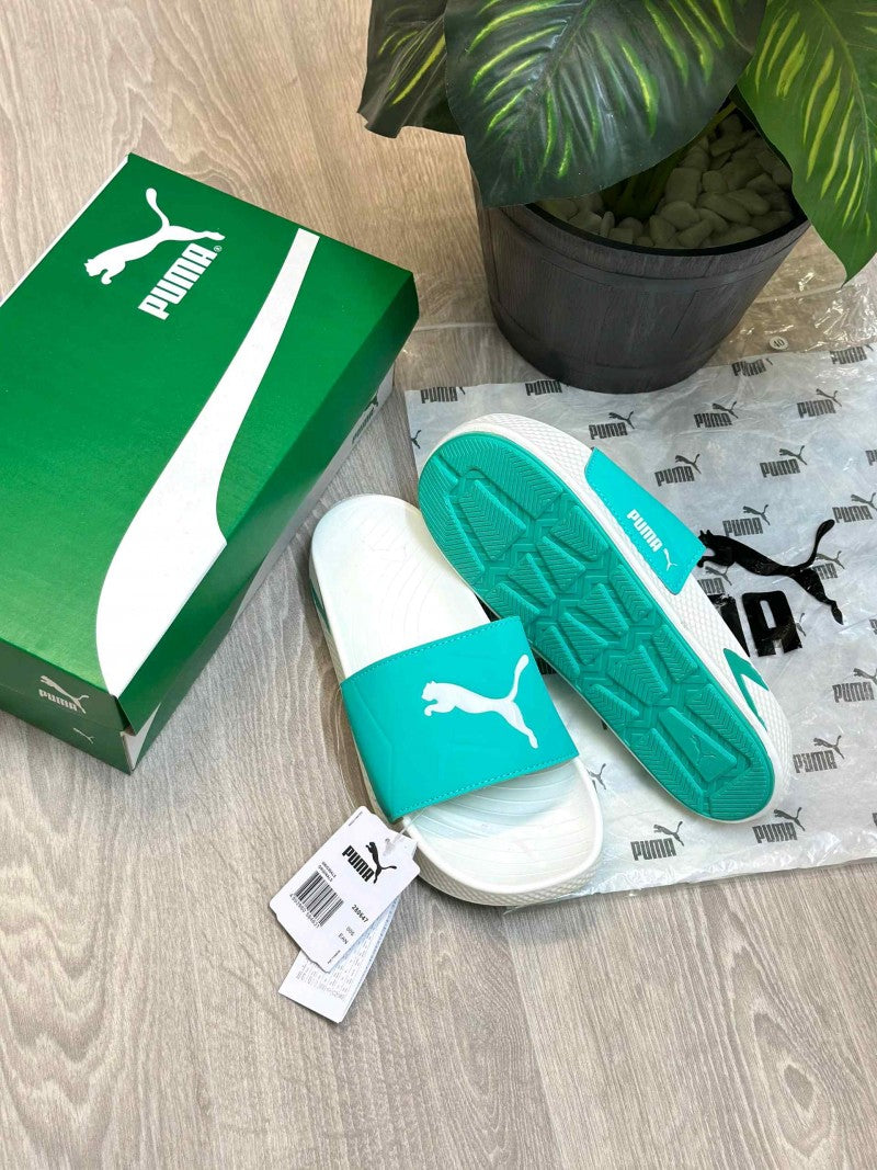 Puma SoftridePro Leadpuff Aqua Blue White Slides