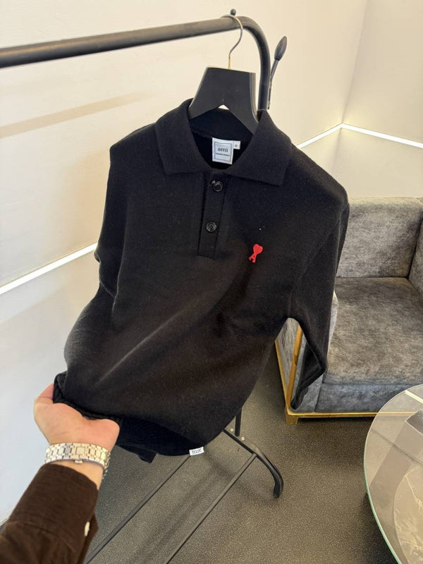Ami imported knitted collared sweatshirt with brand button black