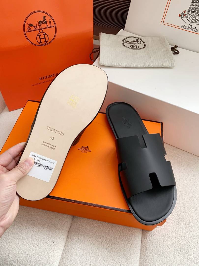 Hermes Izmir Italian Calf Leather Premium Sandal Slide Black