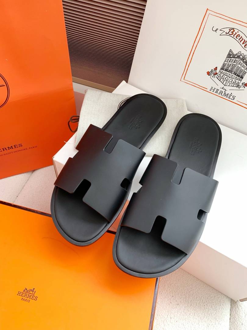 Hermes Izmir Italian Calf Leather Premium Sandal Slide Black
