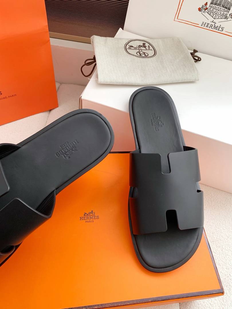 Hermes Izmir Italian Calf Leather Premium Sandal Slide Black