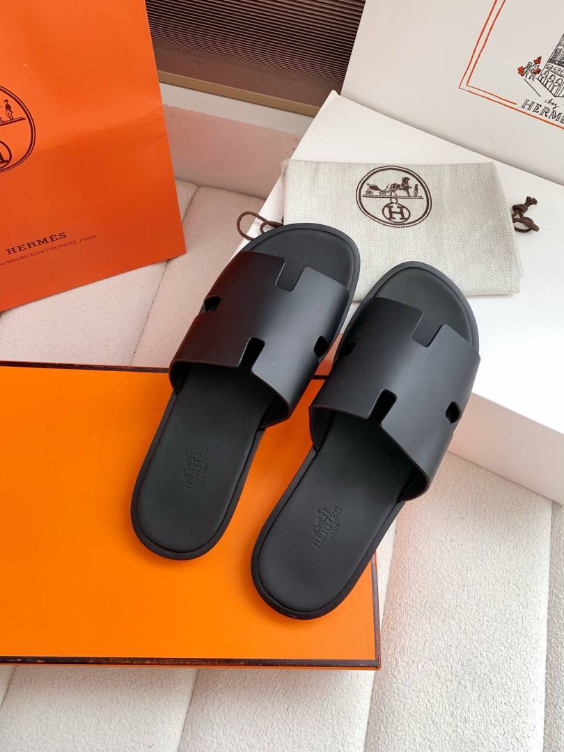 Hermes Izmir Italian Calf Leather Premium Sandal Slide Black
