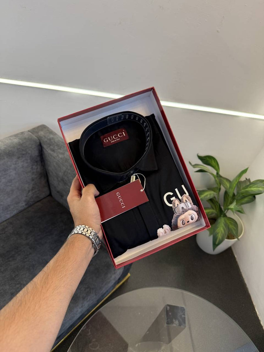Gucci x labubu imported cotton satin shirt black