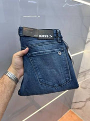 Boss Blue Shade Premium Imported Stretchable Lycra Fabric Straight Fit Denim with Metal Logo Sale Offer 3497