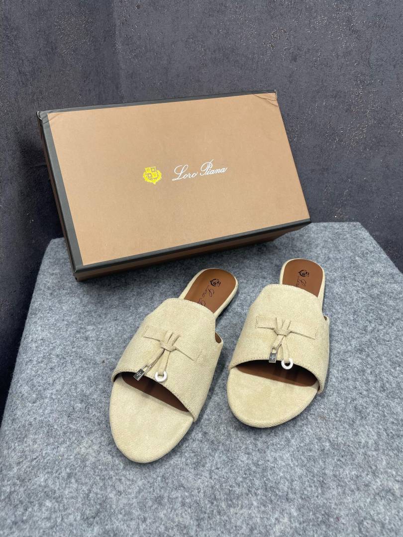 Loro Piana Summer Charms Apricot suede Flat Slides For Her With OG Box Apricot