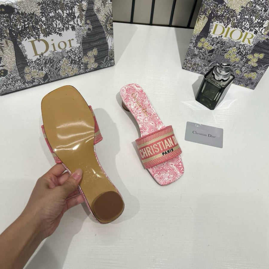 Christian Dioor Dway Heeled Slide Signature Embroidered Pink With OG Box & Carry Bag 755-1 Pink