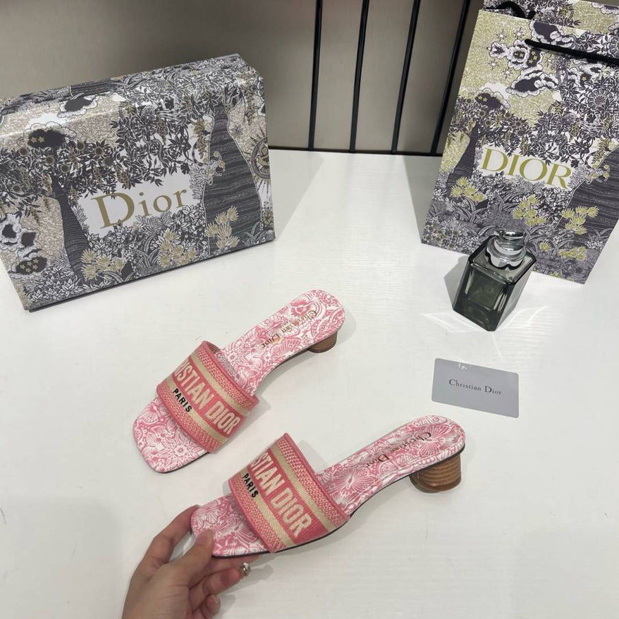 Christian Dioor Dway Heeled Slide Signature Embroidered Pink With OG Box & Carry Bag 755-1 Pink