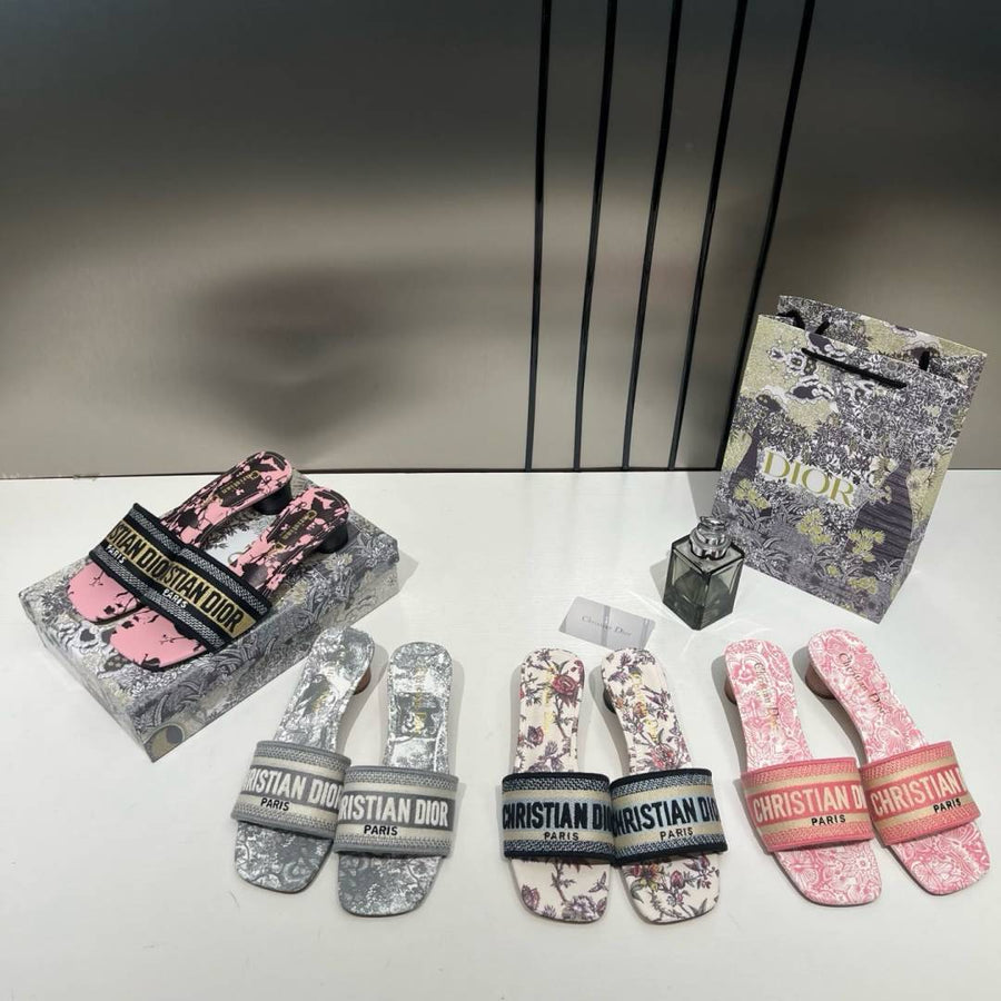Christian Dioor Dway Heeled Slide Signature Embroidered Pink With OG Box & Carry Bag 755-1 Pink