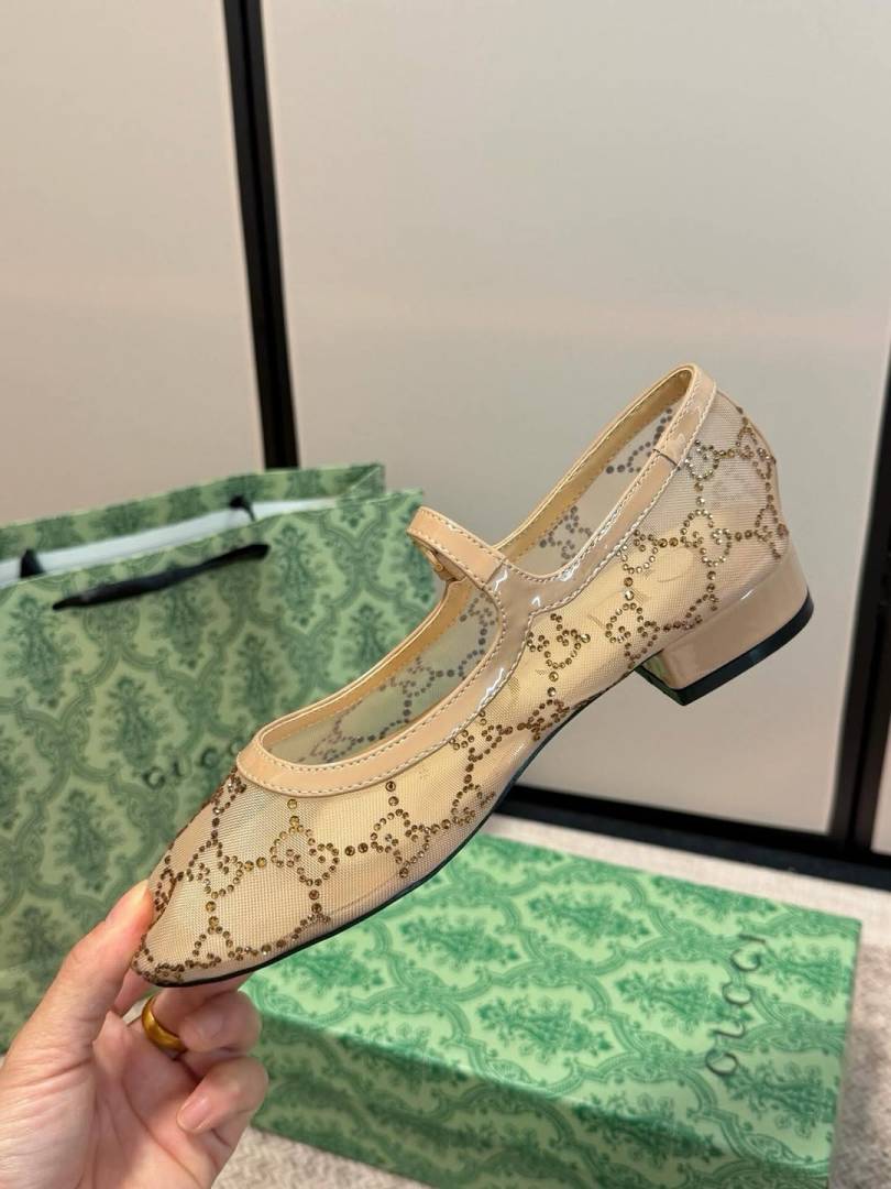 Gucci_Charline_Mesh_Mary_Jane_Flats_Ballet_Sparkling_Crystal_GG_Monogram_With_OG_Box_&_Carry_Bag_271-218_Apricot