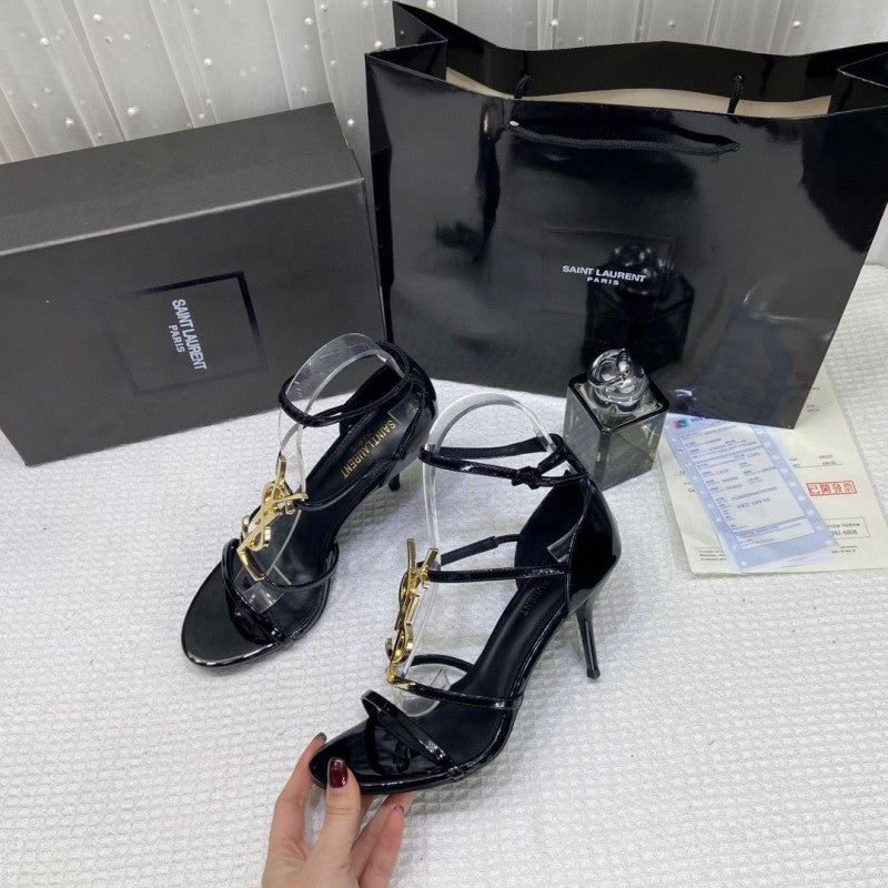 Ysl Saint Laurent Paris Gold Patent Leather Monogram Cassandra Sandals Heel With OG Box Dust Bag & Carry Bag