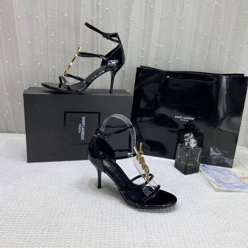 Ysl Saint Laurent Paris Gold Patent Leather Monogram Cassandra Sandals Heel With OG Box Dust Bag & Carry Bag