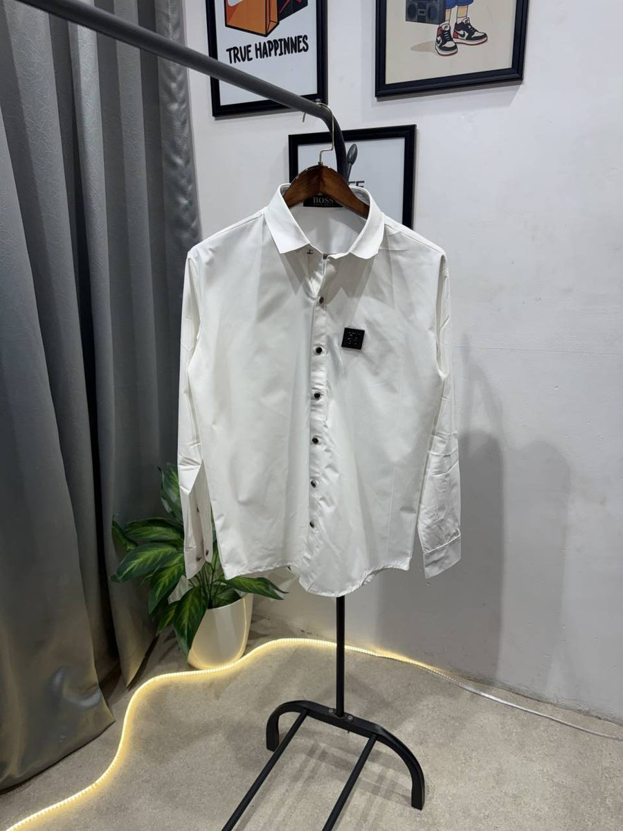 Hugo bos tukey imported shirt with brand button and logo on chest white
