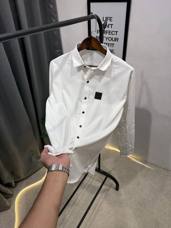 Hugo bos tukey imported shirt with brand button and logo on chest white