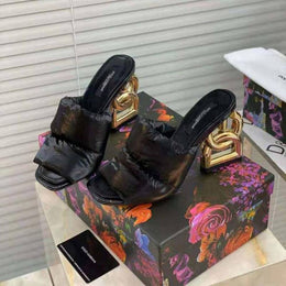 Dolcce & Gabbana D&G High Heel Gold Clothes Sandals With OG Box & Carry Bag (Black - 1047)