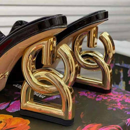 Dolcce & Gabbana D&G High Heel Gold Clothes Sandals With OG Box & Carry Bag (Black - 1047)