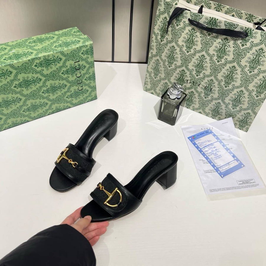 Gucci_Horsebit_Slide_Sandals_Mid_Heel_Iconic_GG_Canvas_With_OG_Box_&_Carry_Bag_1295-2_Black