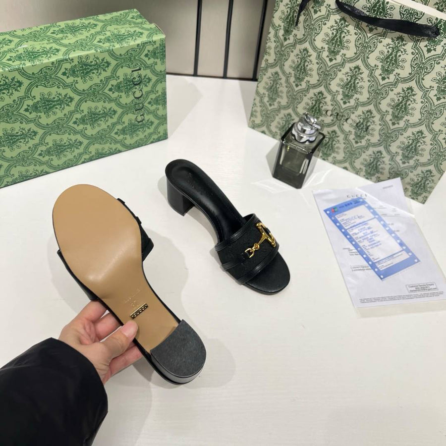 Gucci_Horsebit_Slide_Sandals_Mid_Heel_Iconic_GG_Canvas_With_OG_Box_&_Carry_Bag_1295-2_Black
