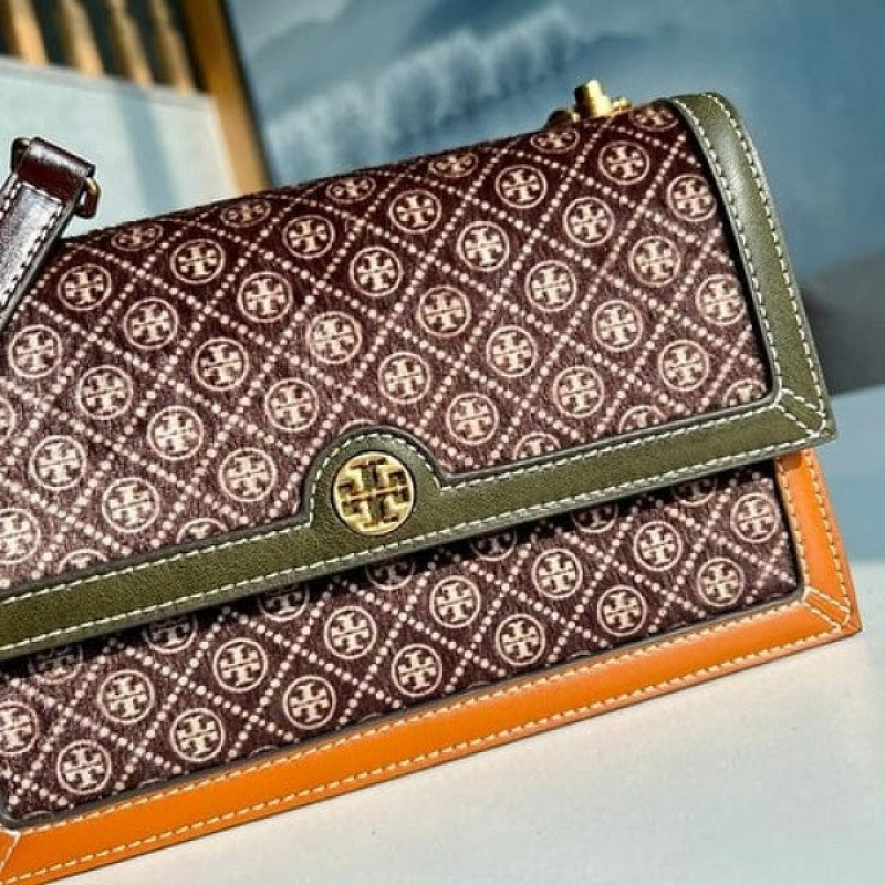 Tori Burch_T Monogram Premium Leather Shoulder Bag With OG Box & Dust Bag & Accessories (Brown - 201)
