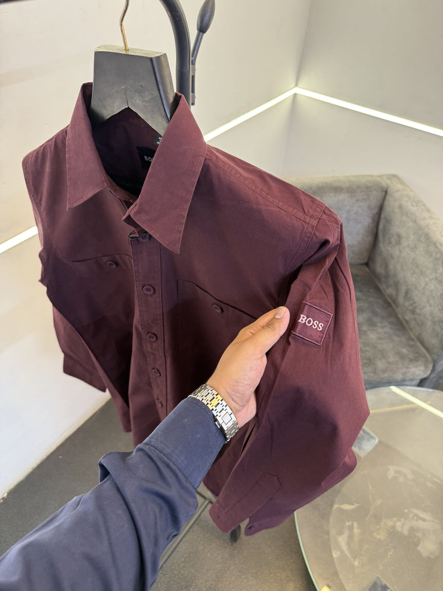 Hugo bos cargo double pocket imported shirt with embroidery logo on sleeves maroon