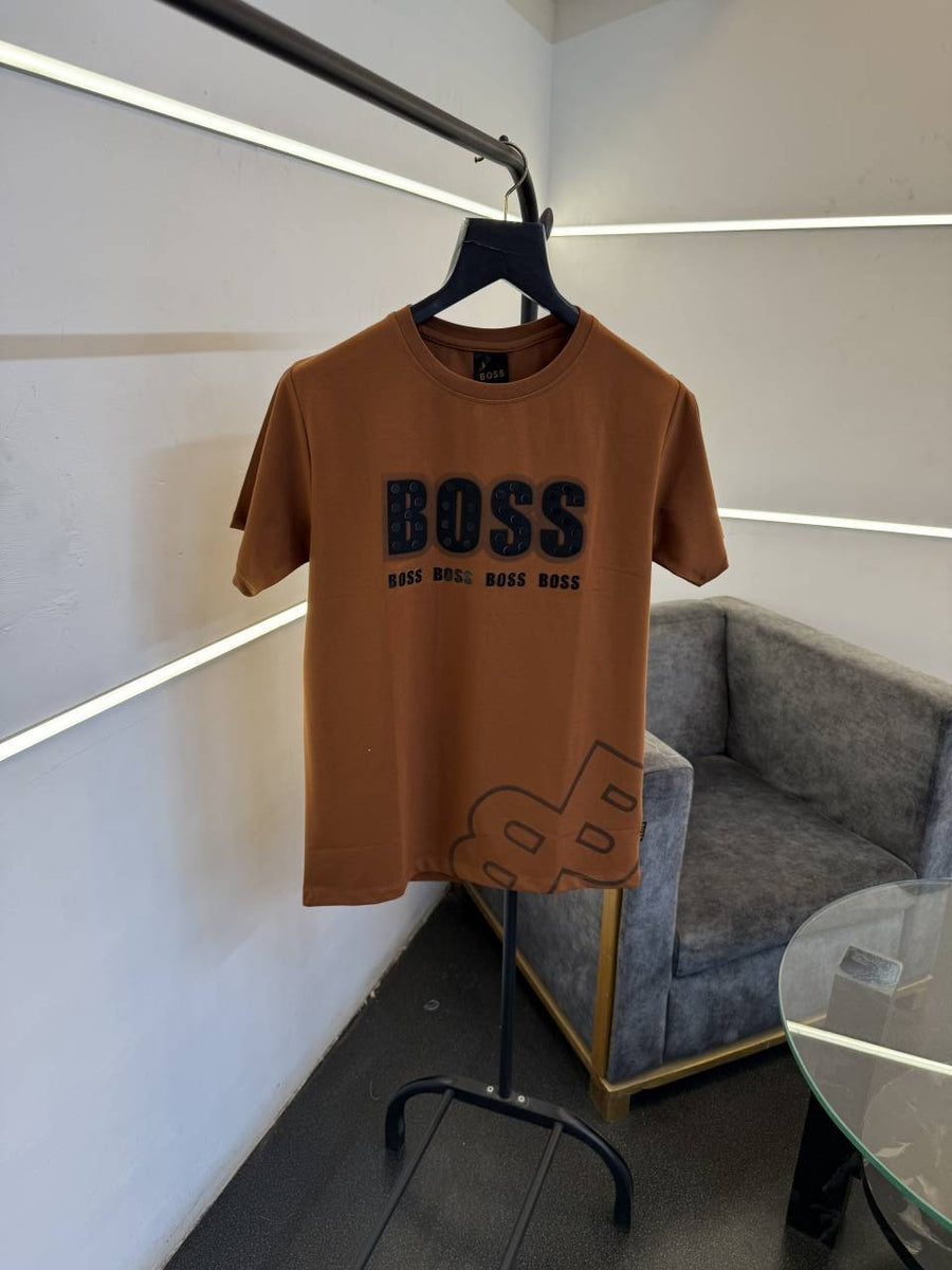 Hugo bos round neck tshirt with imported boss hd work bottom boss logo engraved print brown salw