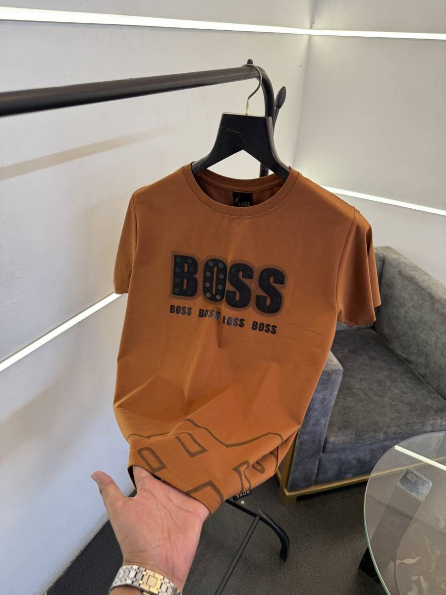 Hugo bos round neck tshirt with imported boss hd work bottom boss logo engraved print brown salw