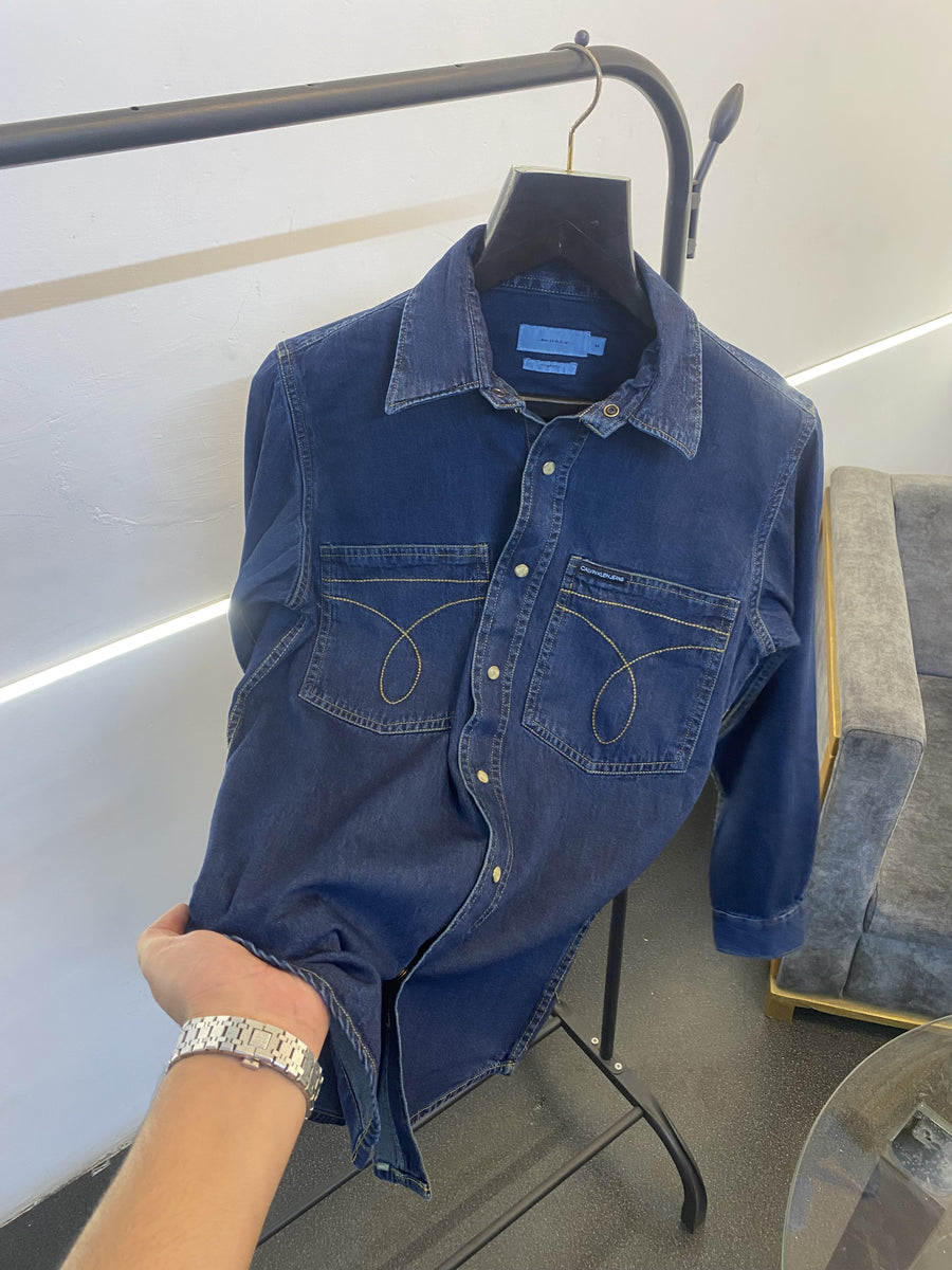 Calvin kline snap button double pocket imported denim shirt dark
