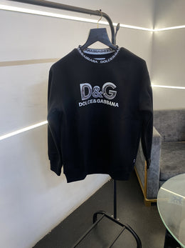 Dolce Gabana heavy gsm fleece fabric round neck sweatshirt with imported brand gloss print on front with knitted collar strip black