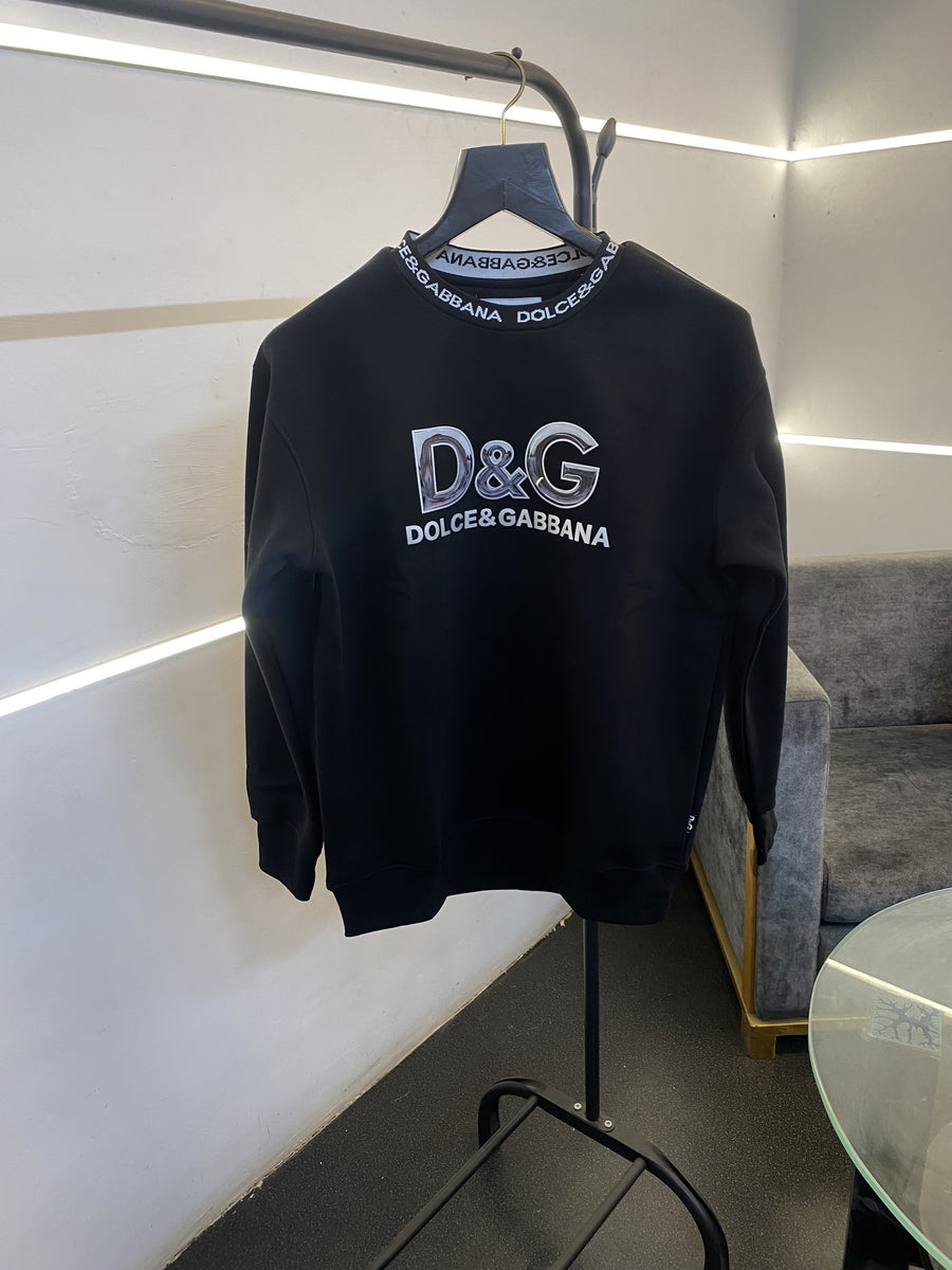 Dolce Gabana heavy gsm fleece fabric round neck sweatshirt with imported brand gloss print on front with knitted collar strip black
