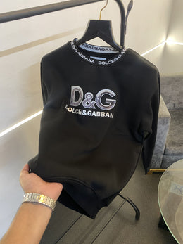 Dolce Gabana heavy gsm fleece fabric round neck sweatshirt with imported brand gloss print on front with knitted collar strip black