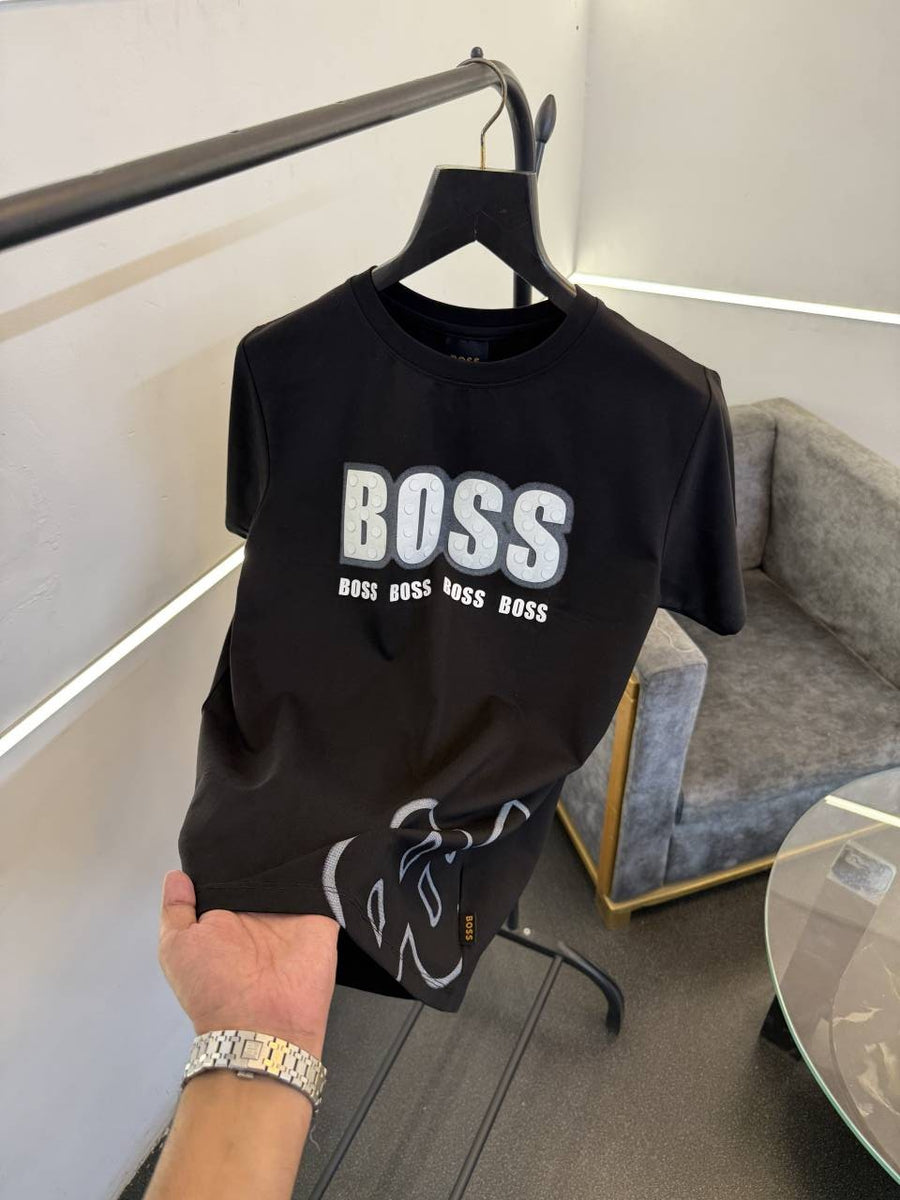 Hugo bos round neck tshirt with imported boss hd work bottom boss logo engraved print black