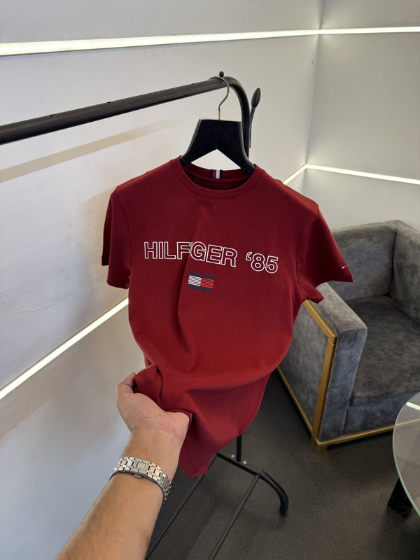 Tommy hilfigar round neck imported tshirt maroon sale