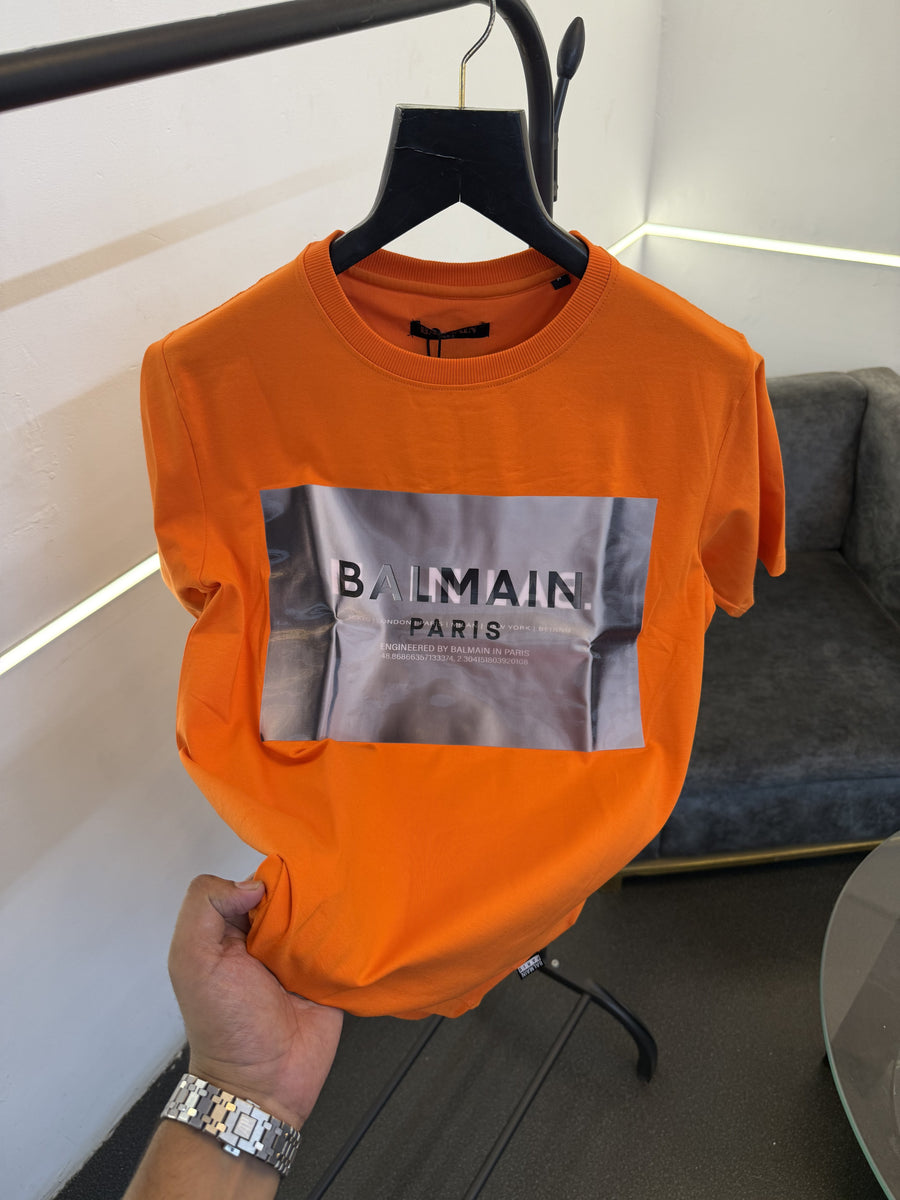 Balmain Turkey imported round neck 3d print patch tshirt orange sale