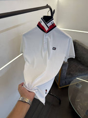 Tommy hilfigar steel logo matty cotton imported polo tshirt with brand collar white